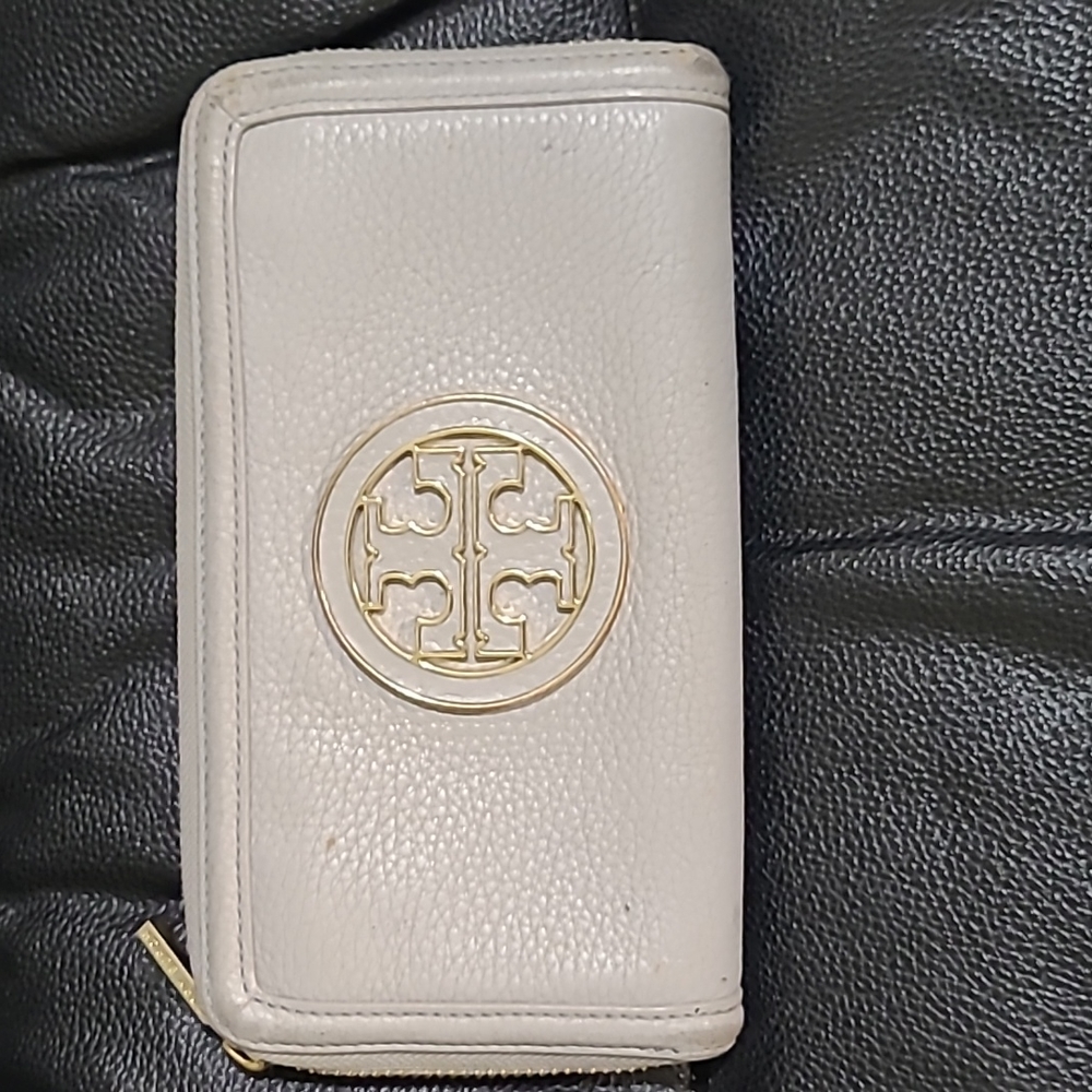 Tory Burch light gray zip around wallet